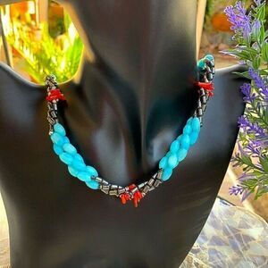 Vintage Hematite, Red Coral & Turquoise Cat’s Eye Bead Twisted Necklace